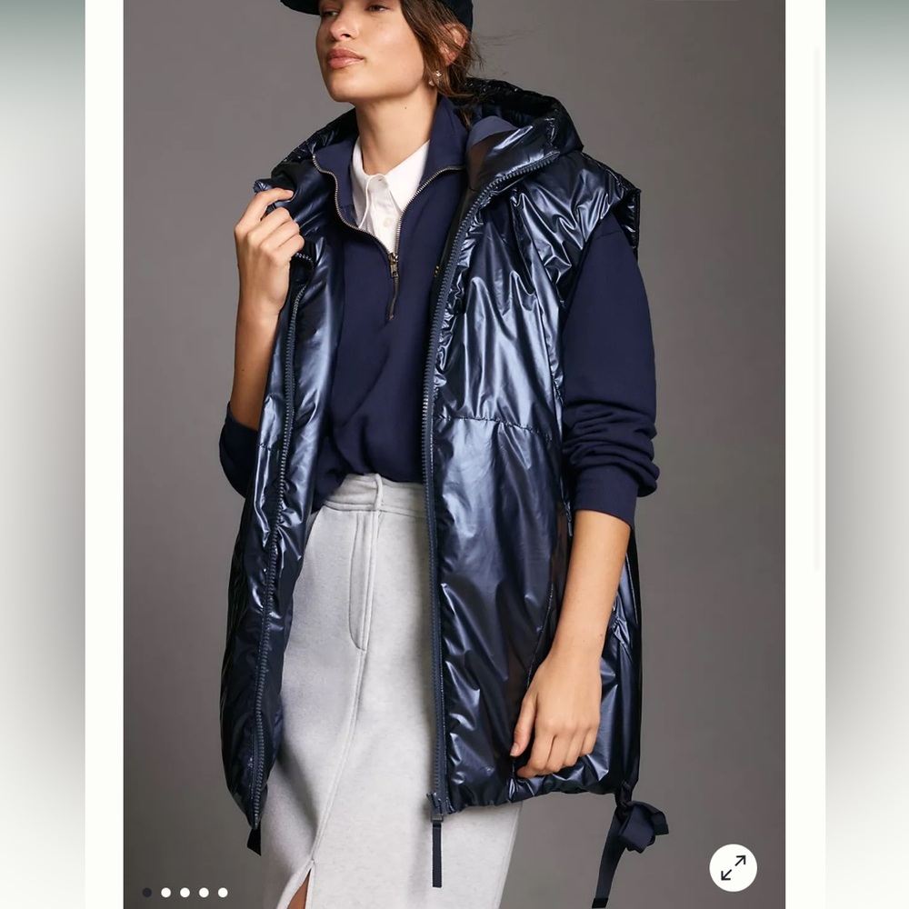 NWT Pilcro Anthropology Longline Shine blues hooded vest puffer jacket, size S - Picture 2 of 13